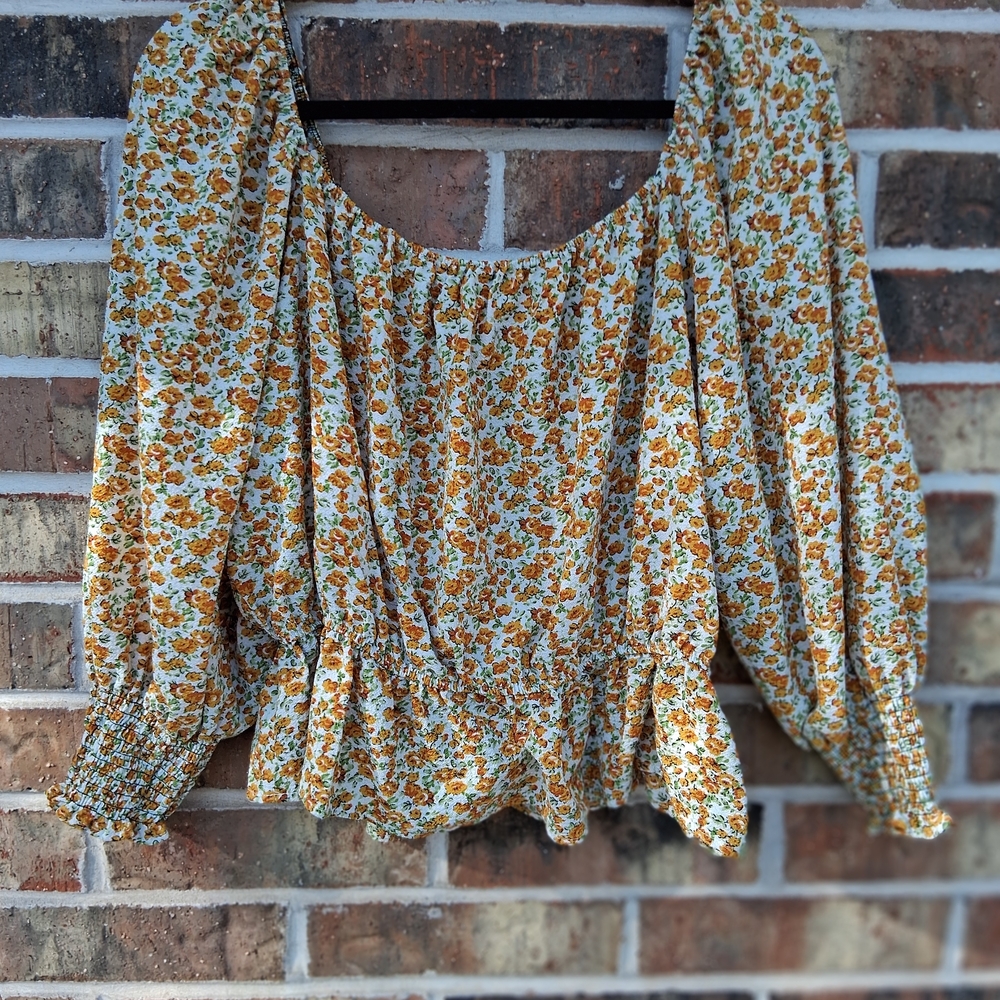 JON & ANNA Floral Smocked Peplum Crop Top XL Boho Cottagecore Blouse - Picture 2 of 10